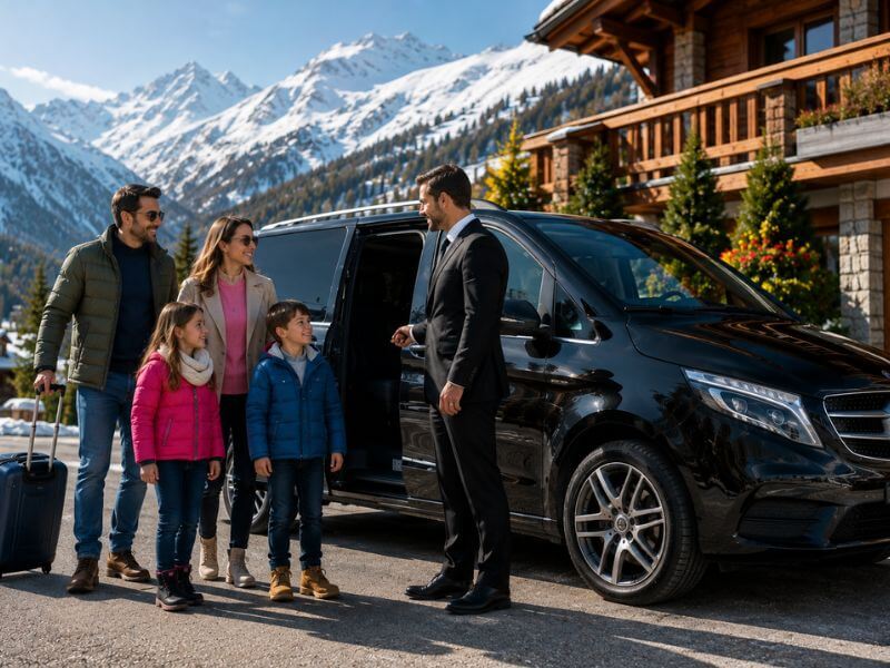 Mercedes Classe V 4MATIC Extra Long avec chauffeur devant une station de ski en Savoie