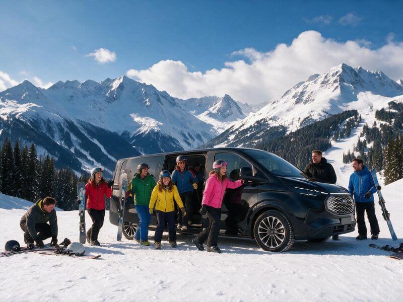 Ford Tourneo Custom Extra Long 9 places avec chauffeur devant un chalet en Savoie