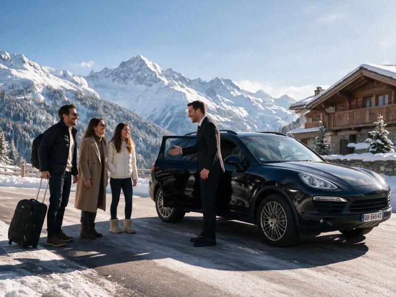 Porsche Cayenne noire avec chauffeur devant un paysage de montagne en Savoie